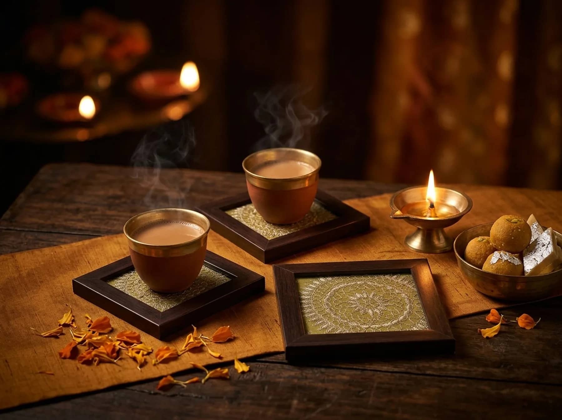 Zar coasters in gold brocade beside a burning diya