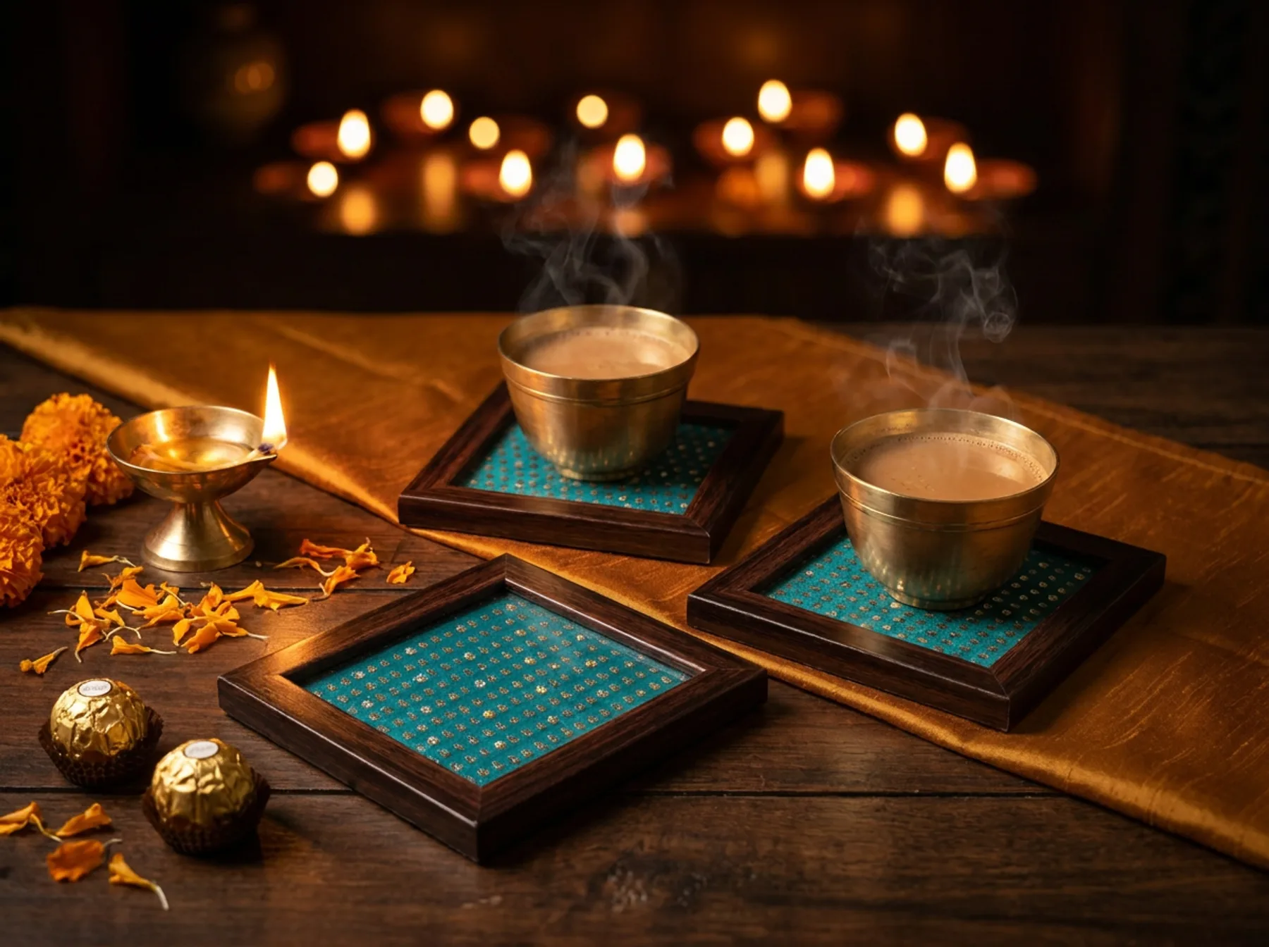 Firoza coasters under brass cups of chai, lit by diyas