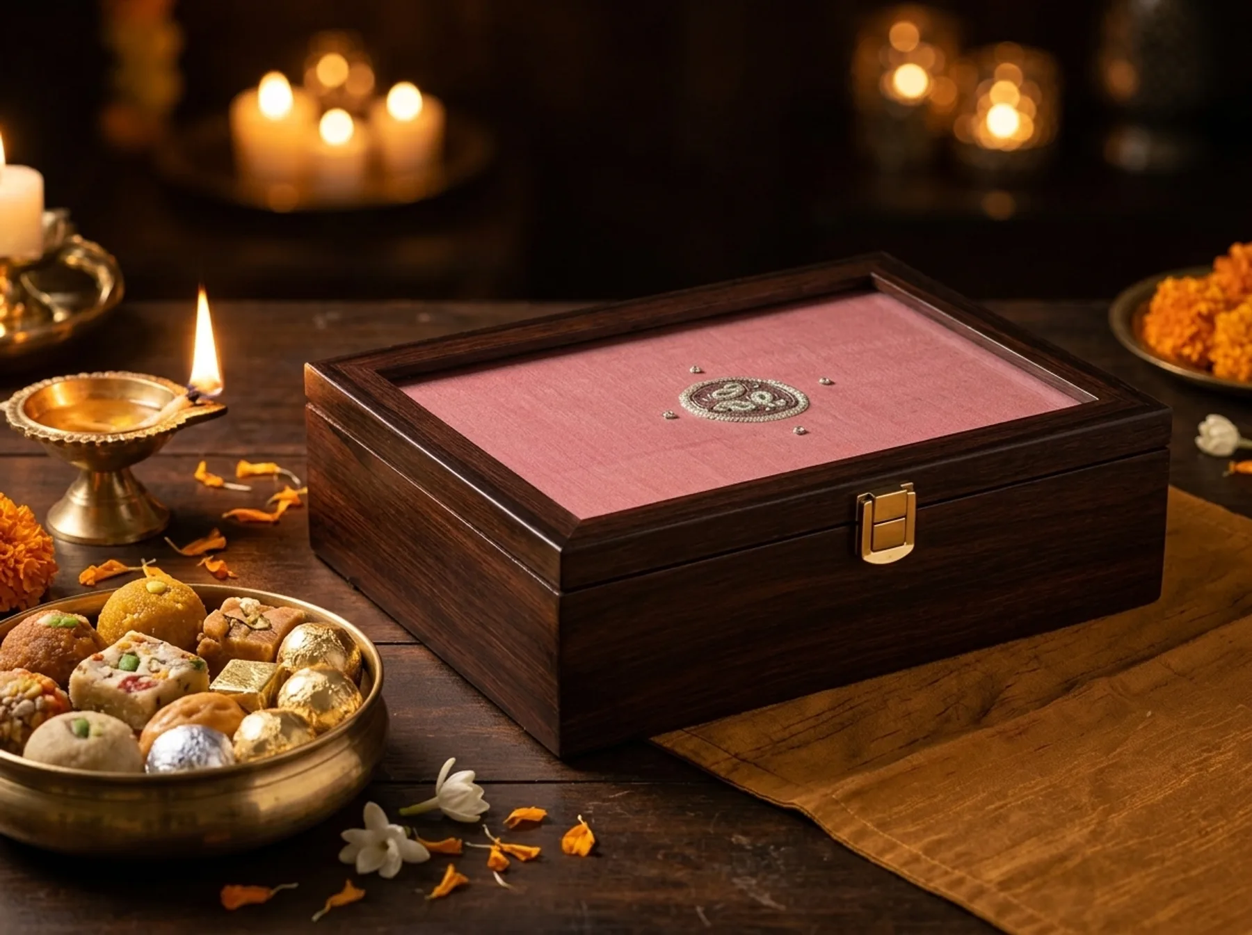 The Gulabi keepsake box — rose silk and silver zardozi — on a candlelit table