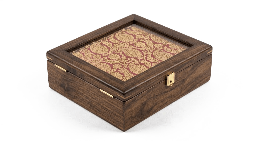 Banarasi paisley keepsake box, framed in dark walnut