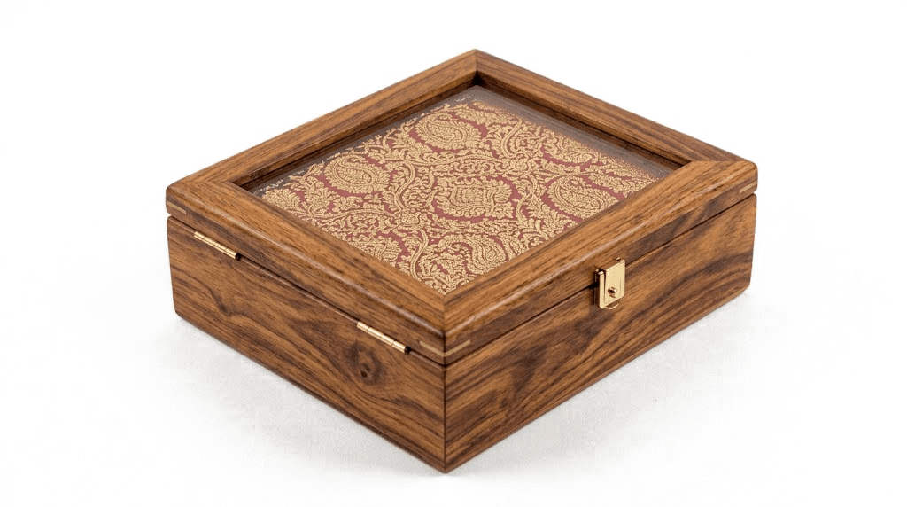 A small jewellery box with a framed textile medallion in the lid. The emotional hero of the house.