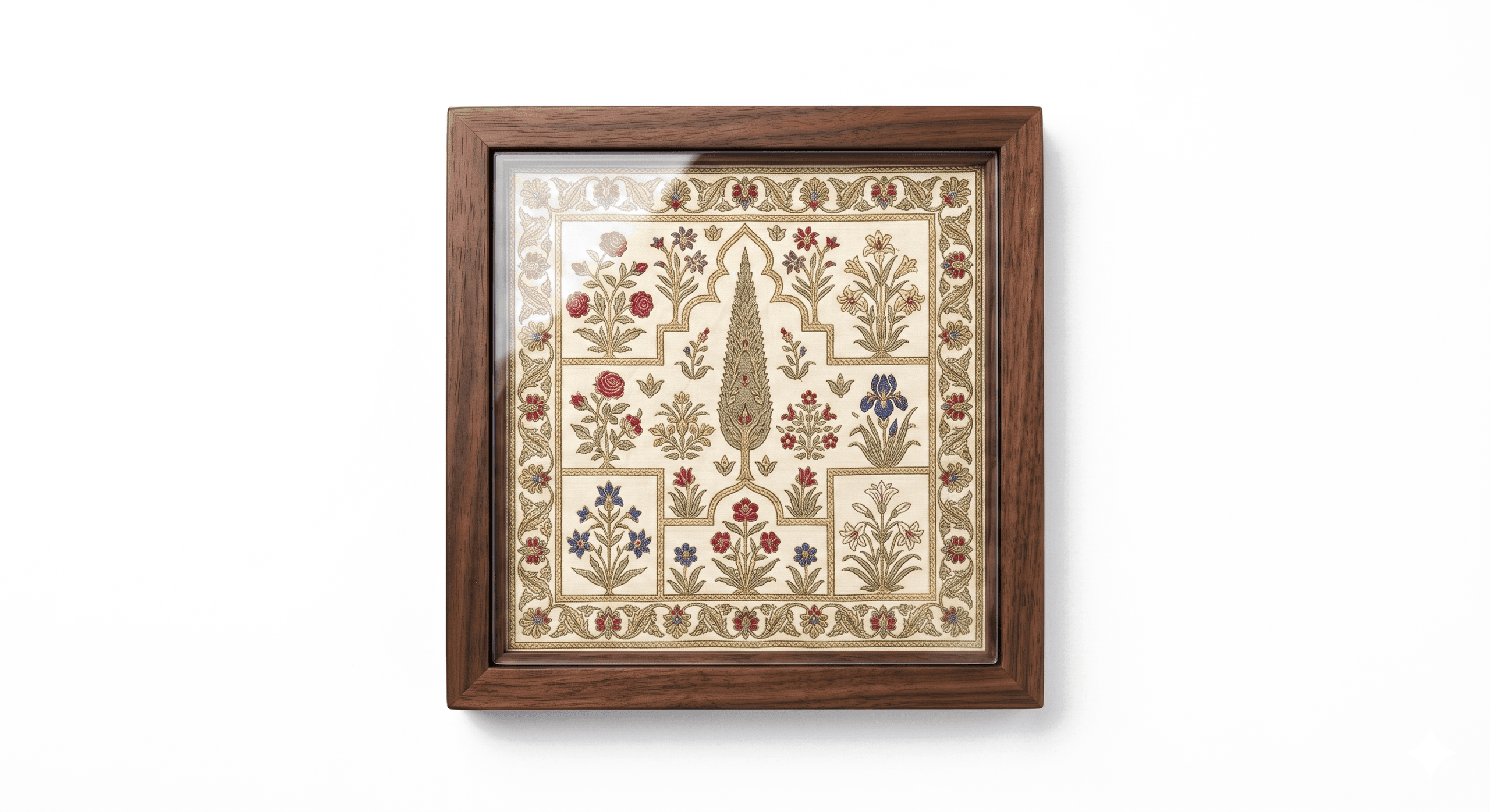 Five-inch coasters in solid wood and glass, each cut from a panel of hand-woven silk.