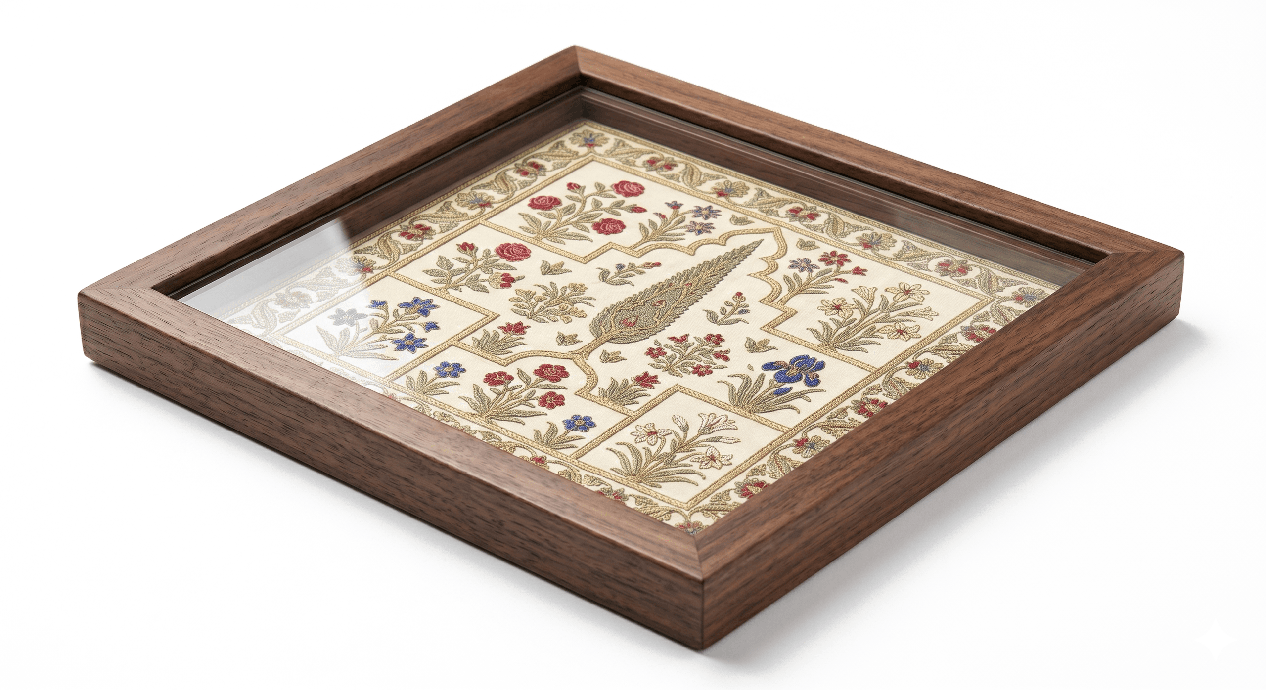 Walnut rebate and glass over a Mughal Garden silk panel — three-quarter view.