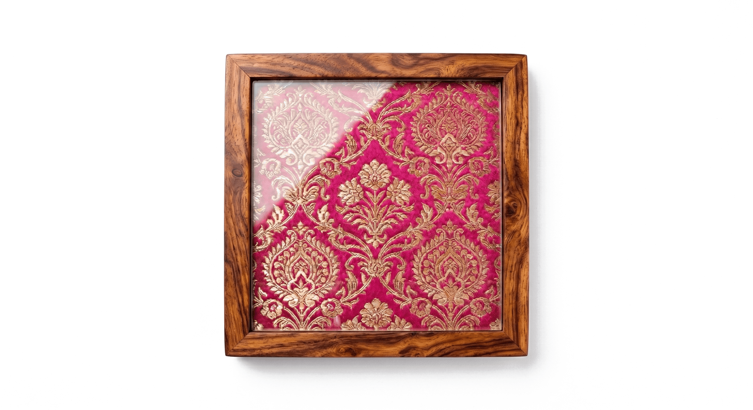 Five-inch coasters in solid wood and glass, each cut from a panel of hand-woven silk.