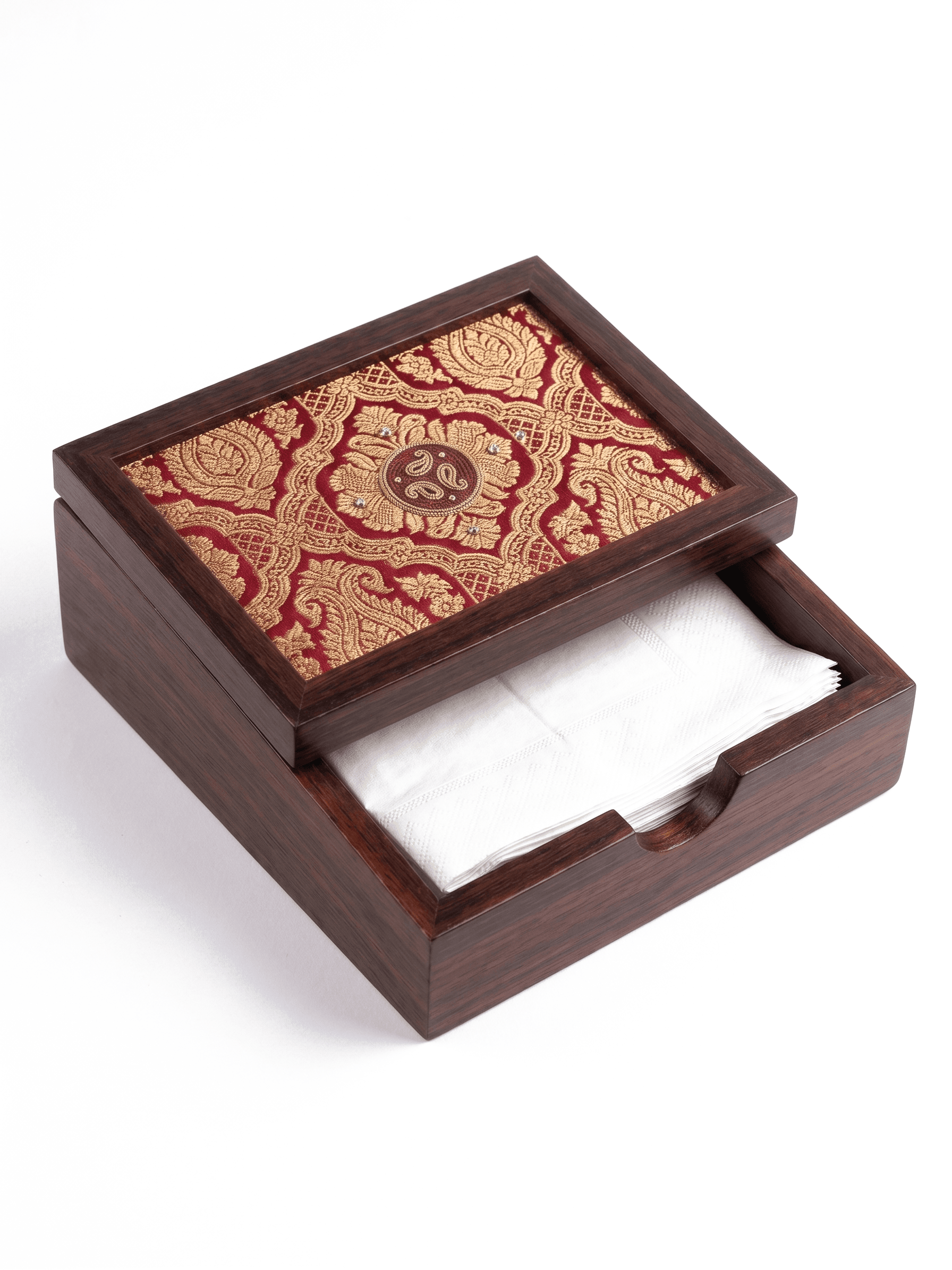 A Banarasi tissue box framed in walnut — a wedding gift.